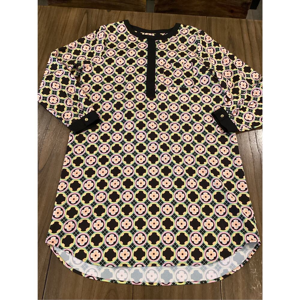 Anthropologie Cousin earl geo print tunic sheath black pink mini dress size M